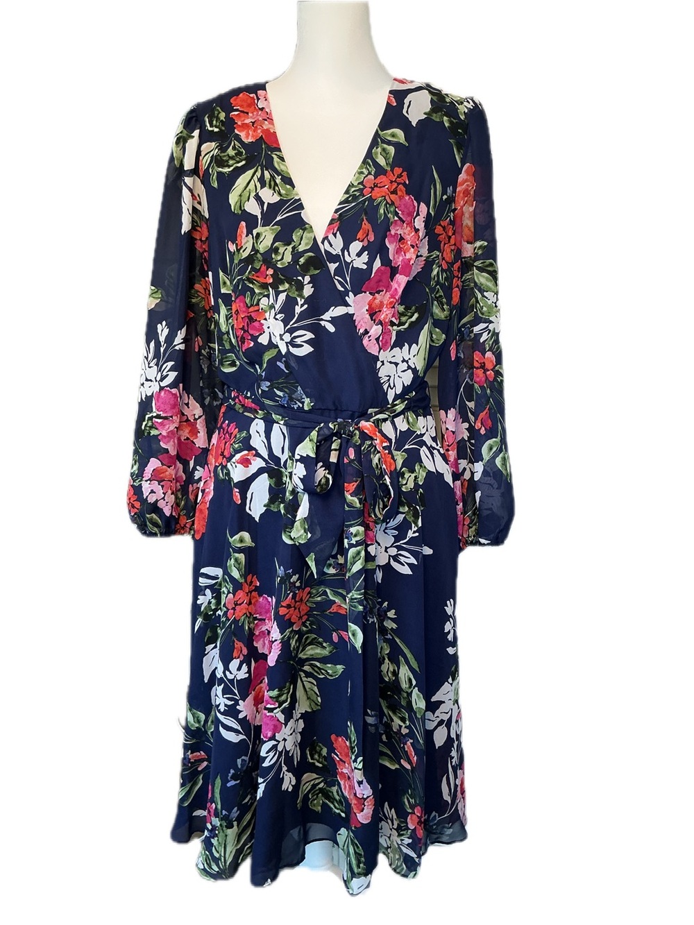 Jessica Howard Navy Floral Faux Wrap Long Sleeved Chiffon Dress Pockets Self Tie